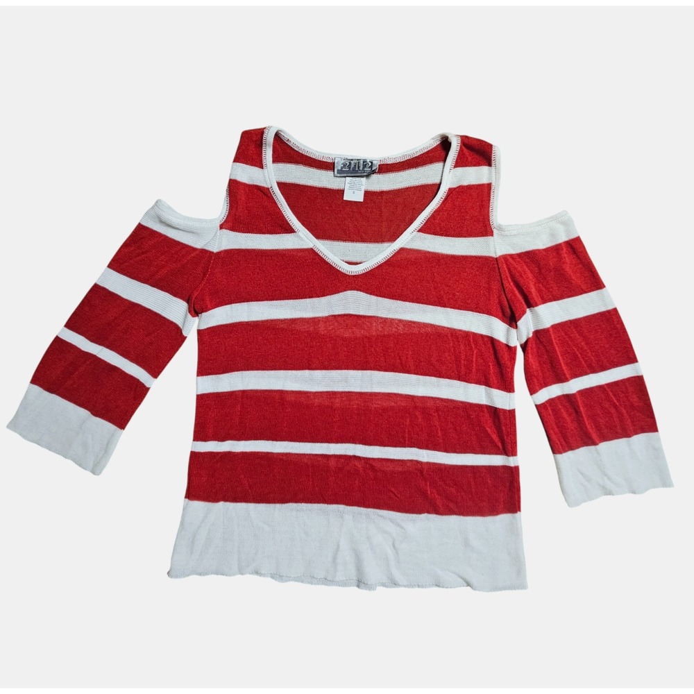 212‎ Slinky Knit Stripe Cold Shoulder Blouse Top 3/4 Sleeve S Prep Chic Nautical